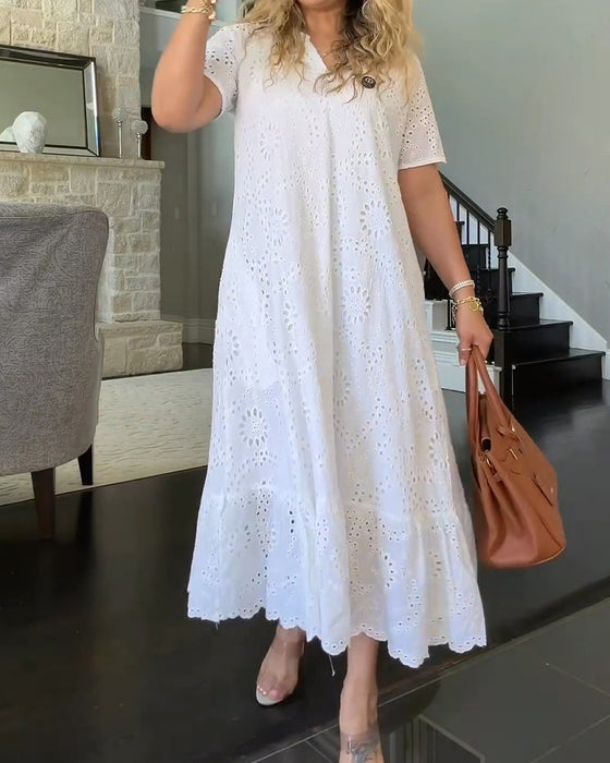 Robe Col V Ajourée Volants Uni