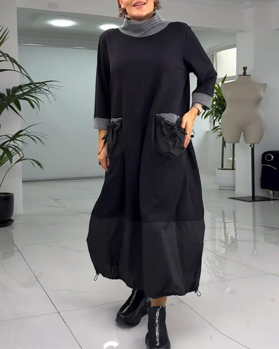 Robe patchwork à carreaux décontractée avec col montant et poche