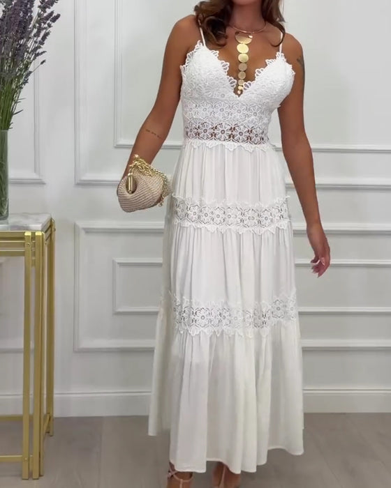 Robe Dentelle Patchwork Bretelle Spaghetti Col V