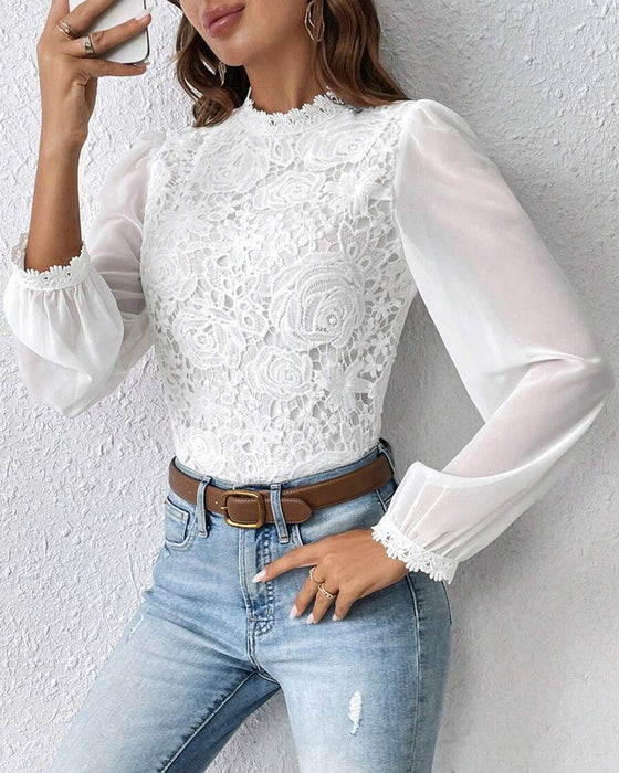 Haut Dentelle Manche Longue Élégant