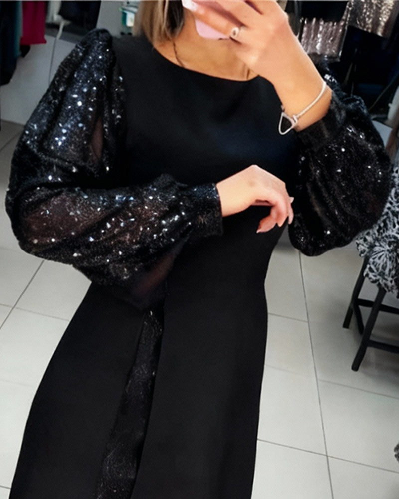 Robe Élégante À Manches Ballon Et Détails Patchwork