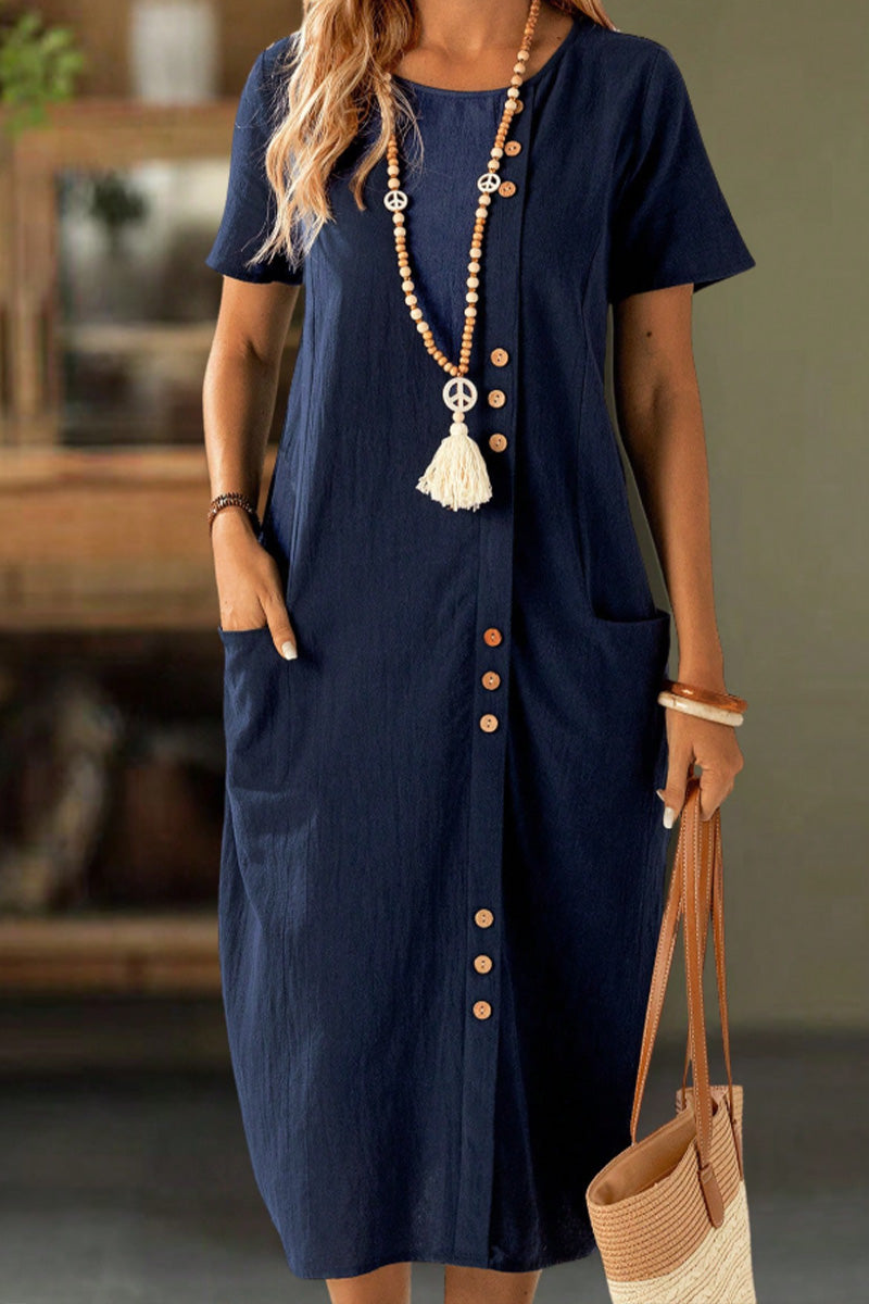 Robe Boutonnée Manches Courtes Poche Shift