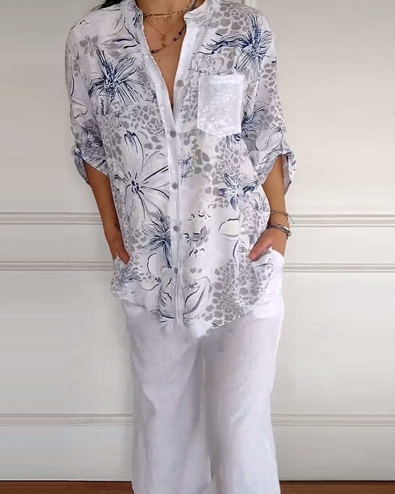 Chemise Col Montant Poche Imprimée