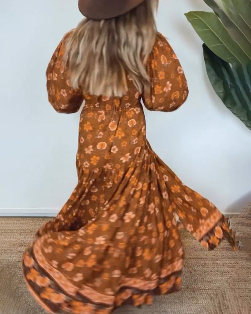 Robe à imprimé floral vintage avec col en V et manches lanterne