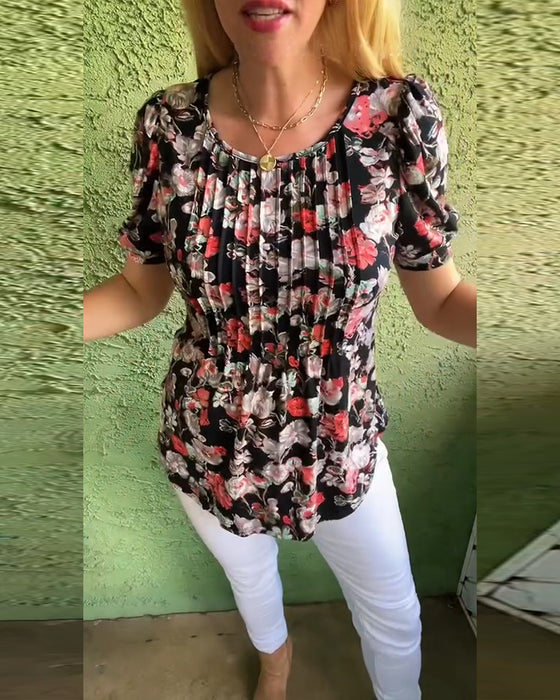 Chemisier Col rond Manche bouffante Plissé Fleuri