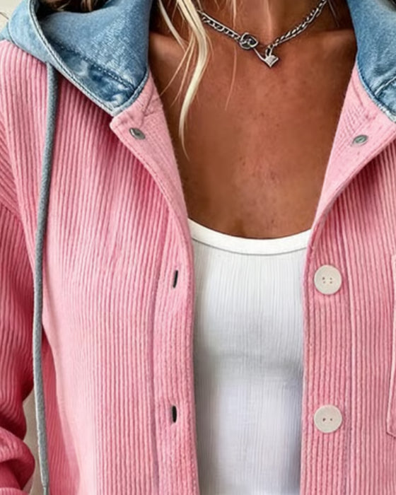 Manteau Capuche Nervuré Denim Patchwork Boutonné