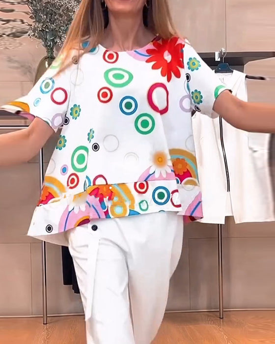 Haut décontracté imprimé à col rond et manches courtes