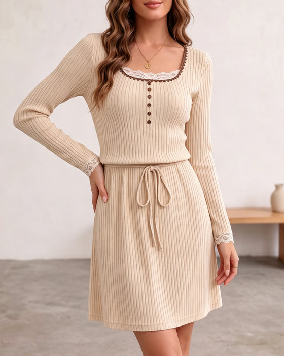 Robe Col En U Dentelle Bouton Cordon De Serrage Côtelé