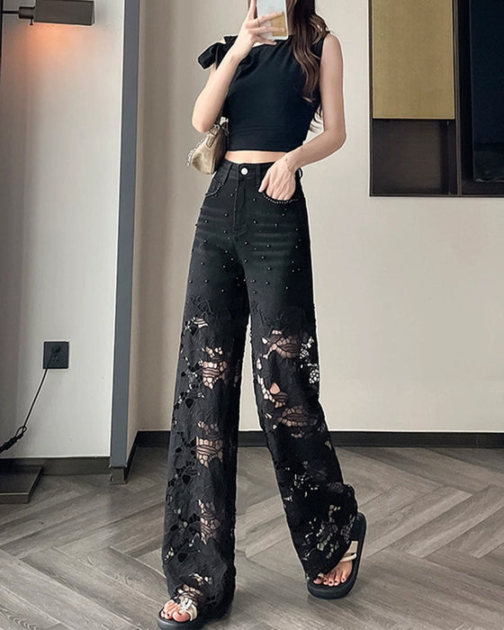 Jeans Femme Strass Découpé Jambe Large