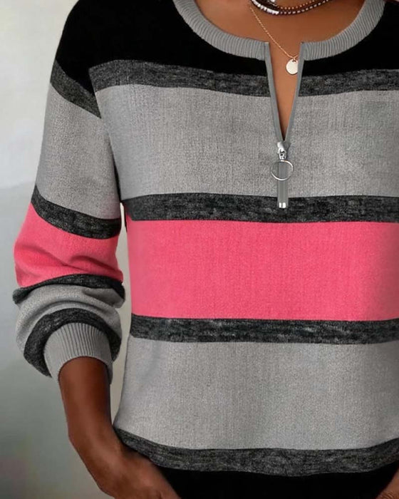 Sweatshirt Fermeture Éclair Rayé Manches Longues