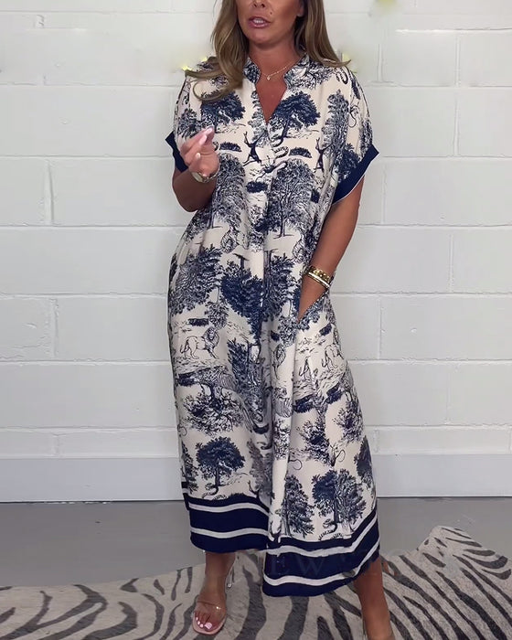 Robe à poche col V imprimé animal