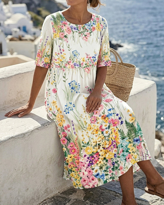 Robe Col Rond Aquarelle Florale