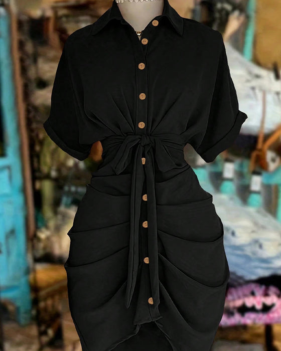 Robe Attacher Bouton Plissé Col Chemise
