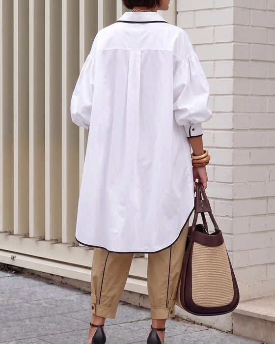 Blouse Manche Lanterne Contraste Lâche