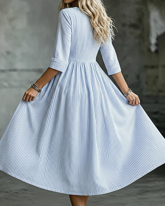 Robe Rayée Col-Rond Taille-Haute Manche-Trois-Quarts