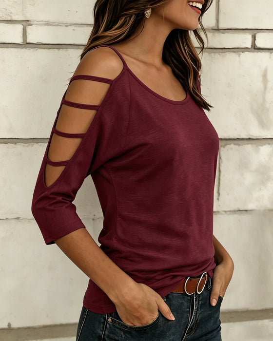 T-Shirt Unie Manche Coude Hors Épaule