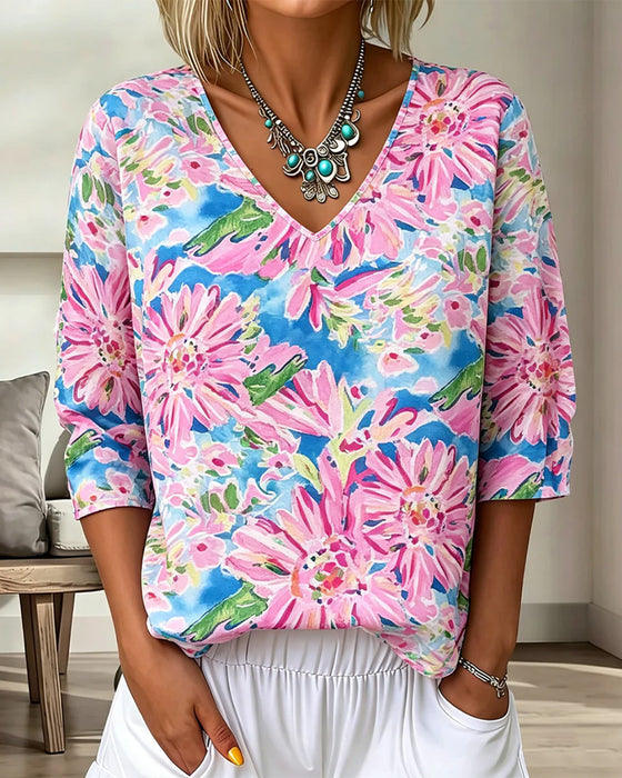 Blouse Fleurie Col En V Demi-Manches