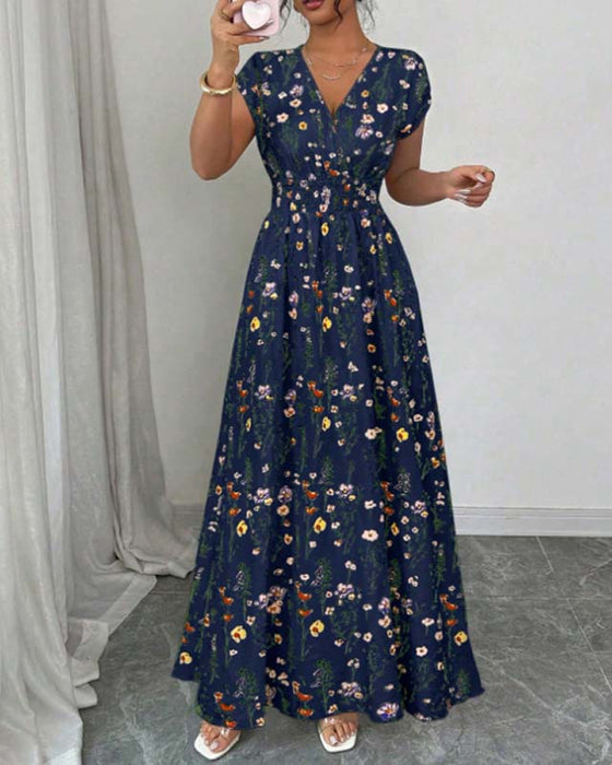 Robe Décontractée Col V Imprimée Longue Maxi