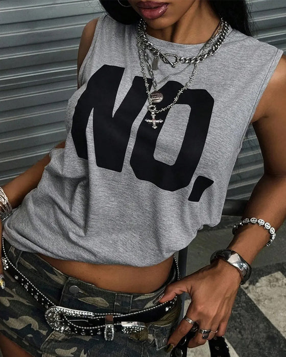 T-Shirt Col Rond Sans Manches Lettre Unie