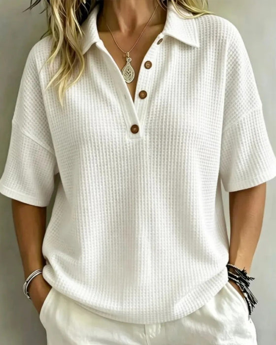 T-Shirt Boutons Devant Col En V Gaufré