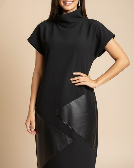 Robe Col Haut Pu Patchwork Manche Courte