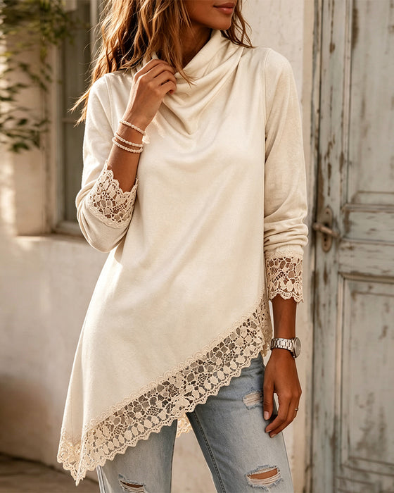 Haut Col Mock Dentelle Patchwork Irrégulier