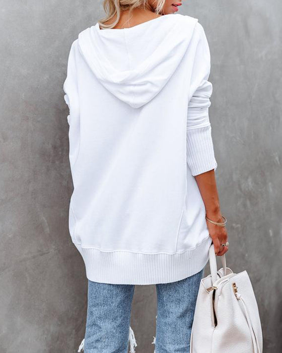 Sweat-shirt décontracté col en V à capuche couleur unie ample