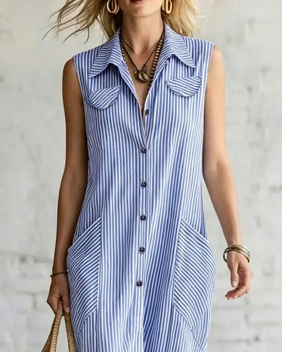 Robe Sans Manches Revers Rayée