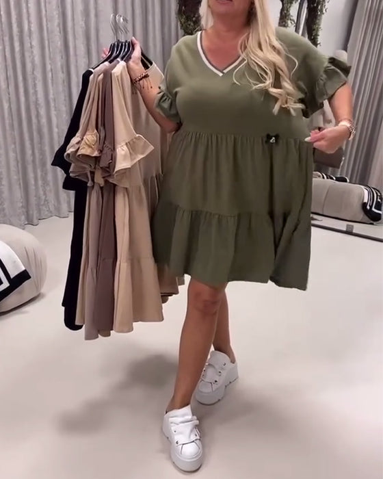 Robe Col En V Manche À Volants Coupe A