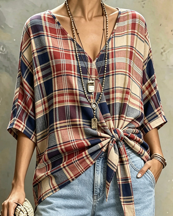 Blouse Col En V Nœud Devant Plaid Manche 3/4
