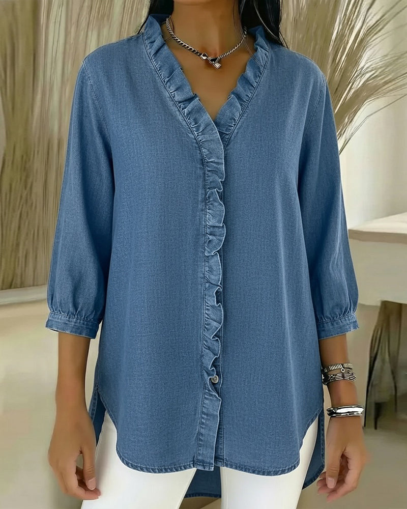 Blouse Ruffle Col-V Denim