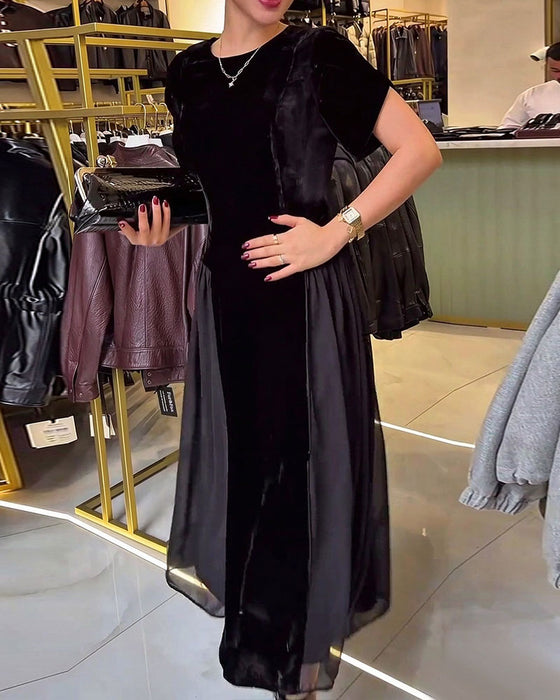Robe Col Rond Plissé Slim Fit Grande Jupe