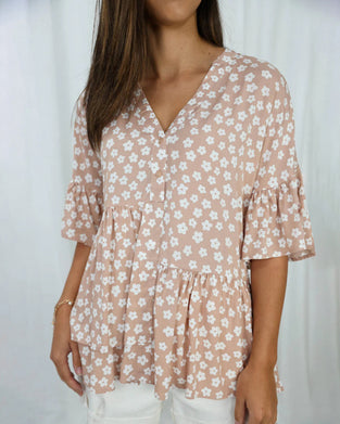 Blouse fleurie col V manches cloche