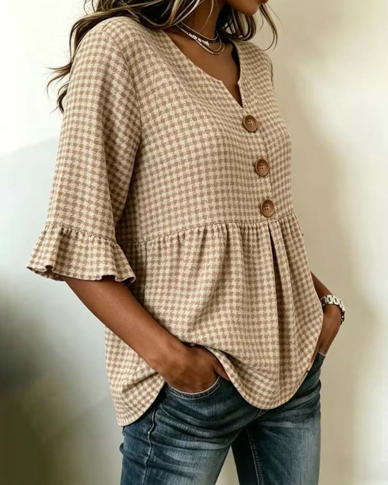 Blouse Pied-De-Coq Trois Boutons Décontractée