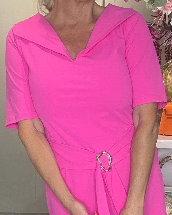Robe Unie Col Revers Encolure V Taille