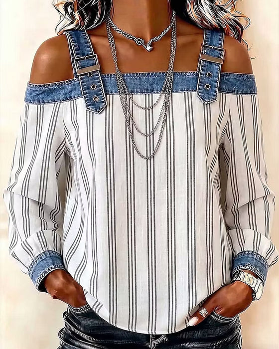 Blouse Denim Hors Épaule Rayure Panneau
