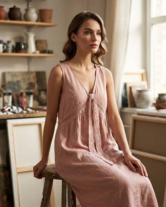 Robe Unie Dentelle Sans Manches