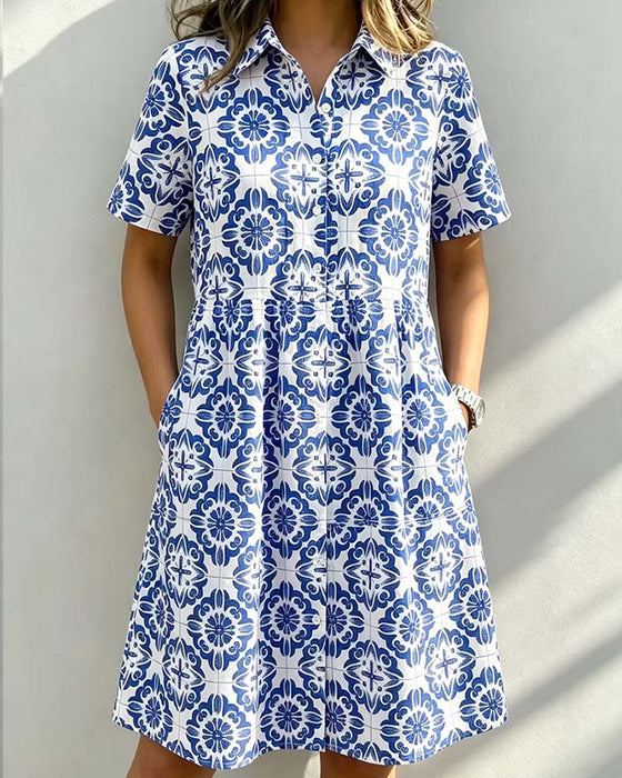 Robe Col Chemise Poche Imprimé