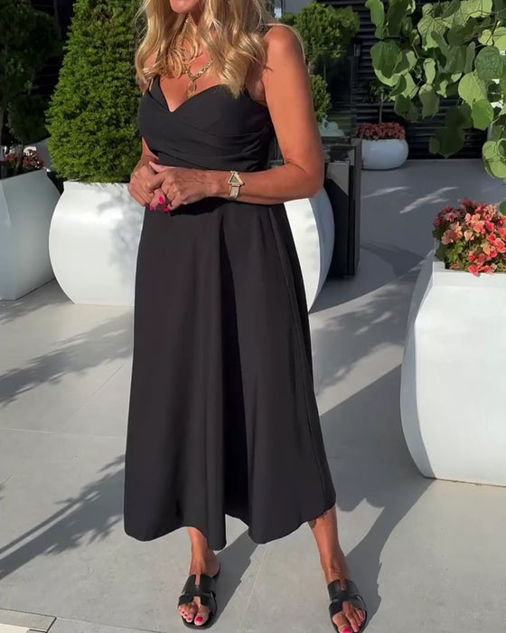 Robe Bretelles Col En V Froncée Taille Haute
