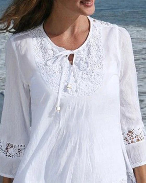 Blouse Col Rond Attacher Dentelle Patchwork Unie