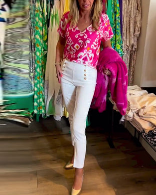 Haut imprimé à col V et manches courtes