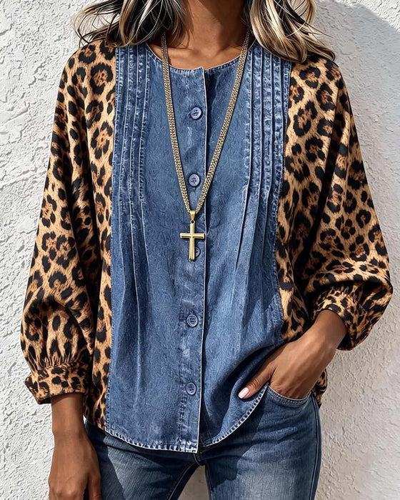 Blouse Col Rond Bouton Léopard Denim Patchwork