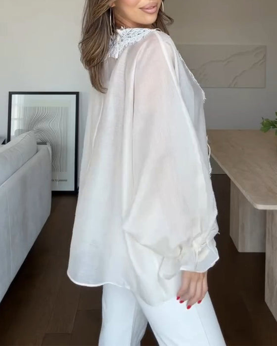 Blouse Col En V Dentelle Panneau Volant