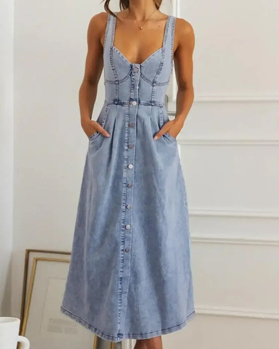 Robe Bretelle Spaghetti Bouton Taille Cintrée Denim