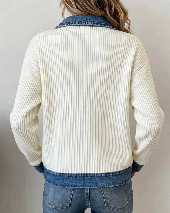 Manteau Revers Fermeture Éclair Denim Panneau