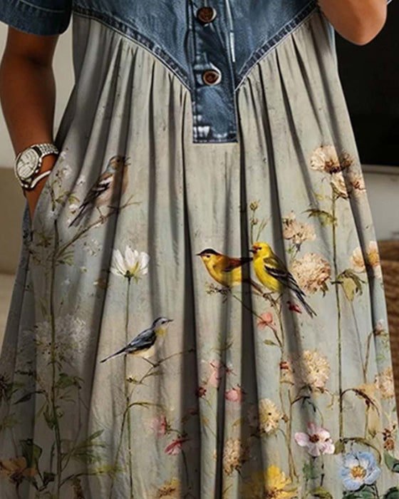 Robe Col De Chemise Fleuri Denim Patchwork