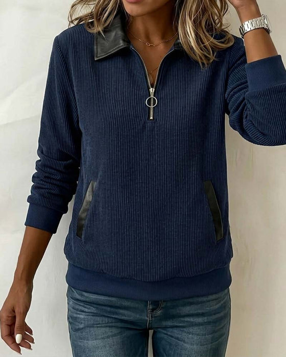 Sweatshirt Revers Fermeture Éclair Manche Longue