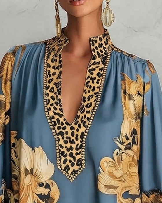 Robe Léopard Manche Lanterne Col Montant Imprimé