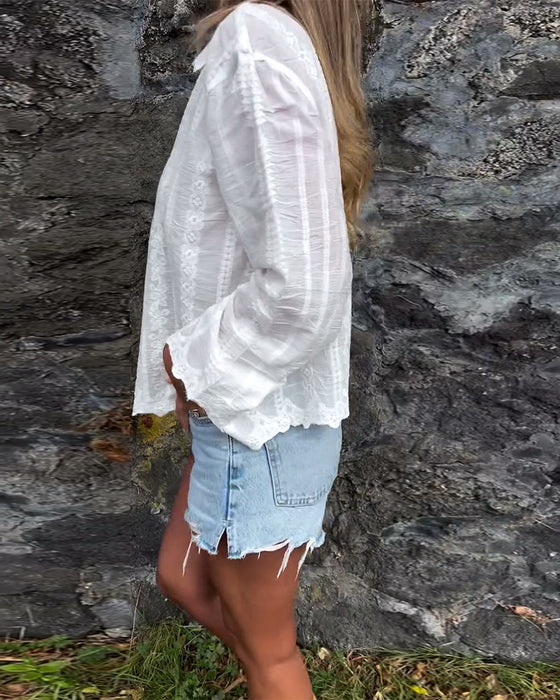 Chemise Brodée Creuse Col Polo Décontractée