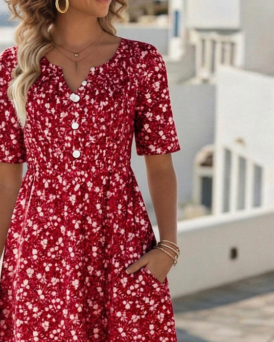 Robe Col V Manches Courtes Fleurie